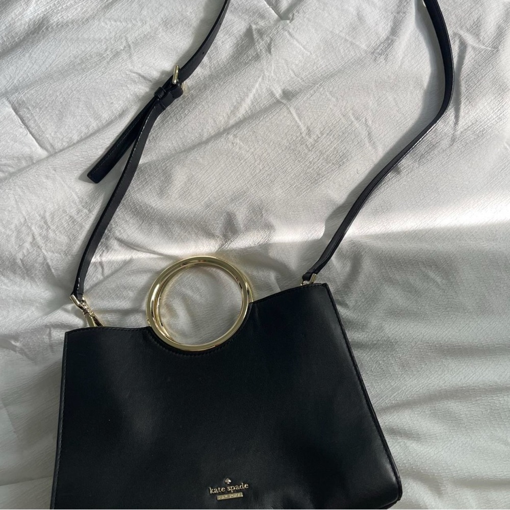 kate spade Black Leather Crossbody with Gold Ring Handle